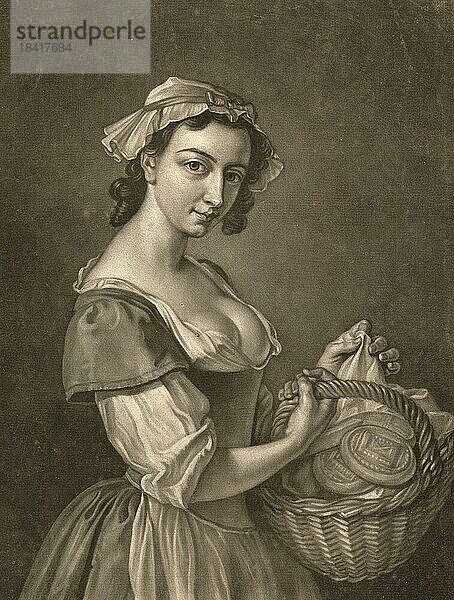 Der Beruf des Milchmädchens. Ein Mädchen mit einem Korb voller Butterstücke  um 1810  Deutschland  Historisch  digital restaurierte Reproduktion einer Vorlage aus der damaligen Zeit  Europa