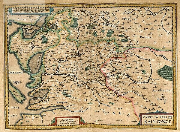 Atlas  Landkarte aus dem Jahre 1623  Saintonge ist der Name einer ehemaligen Provinz im Westen Frankreich  Xaintonge  digital restaurierte Reproduktion von einem Kupferstich von Gerhard Mercator  geboren als Gheert Cremer  5. März 1512  2. Dezember 1594  Geograph und Kartograf
