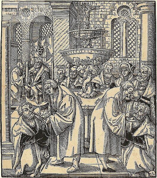 Die Reformatoren Luther und Hus beim Abendmahl für die Fürsten des Hauses Sachsen  Bild von Lucas Cranach der Ältere  4. Oktober 1472  16. Oktober 1553  einer der bedeutendsten deutschen Maler  Grafiker und Buchdrucker der Renaissance  Historisch  digital restaurierte Reproduktion einer historischen Vorlage