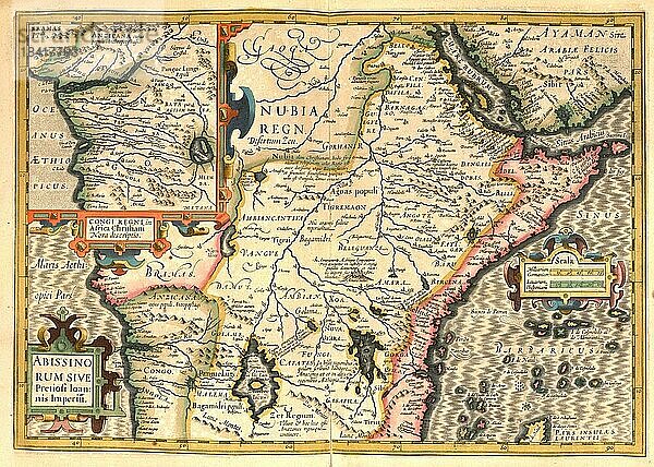 Atlas  Landkarte aus dem Jahre 1623  Abessinien  Arabien  Nubien  digital restaurierte Reproduktion von einem Kupferstich von Gerhard Mercator  geboren als Gheert Cremer  5. März 1512  2. Dezember 1594  Geograph und Kartograf