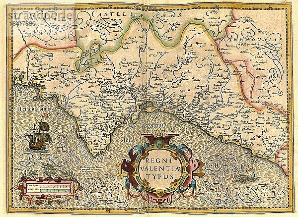 Atlas  Landkarte aus dem Jahre 1623  Regni Valentiae Typus  Reino de Valencia  Spanien  digital restaurierte Reproduktion von einem Kupferstich von Gerhard Mercator  geboren als Gheert Cremer  5. März 1512  2. Dezember 1594  Geograph und Kartograf  Europa