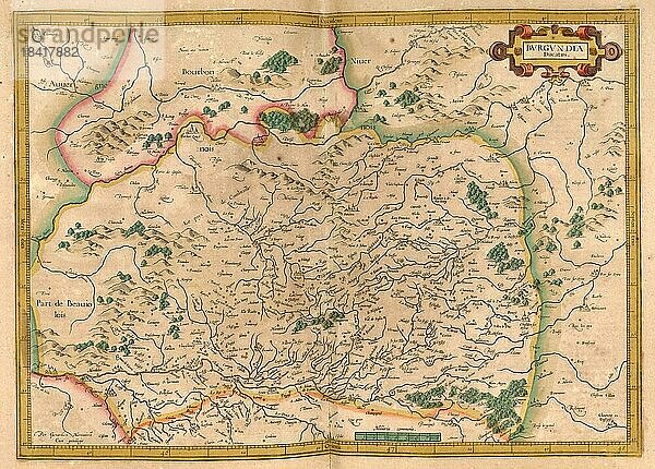 Atlas  Landkarte aus dem Jahre 1623  Burgundia  Frankreich  digital restaurierte Reproduktion von einem Kupferstich von Gerhard Mercator  geboren als Gheert Cremer  5. März 1512  2. Dezember 1594  Geograph und Kartograf  Europa