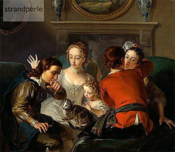 The Sense of Touch  der Tastsinn  Gruppe aus fünf Personen berühren sich  Gemälde von Philippe Mercier (1689-1760)  Historisch  digital restaurierte Reproduktion einer historischen Vorlage