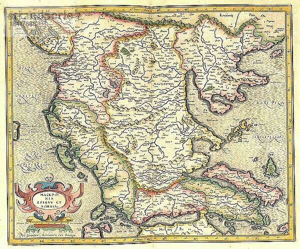 Atlas  Landkarte aus dem Jahre 1623  Mazedonien  digital restaurierte Reproduktion von einem Kupferstich von Gerhard Mercator  geboren als Gheert Cremer  5. März 1512  2. Dezember 1594  Geograph und Kartograf  Europa