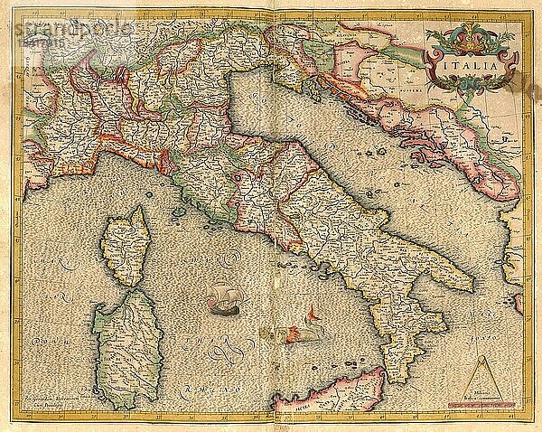 Atlas  Landkarte aus dem Jahre 1623  Italien  digital restaurierte Reproduktion von einem Kupferstich von Gerhard Mercator  geboren als Gheert Cremer  5. März 1512  2. Dezember 1594  Geograph und Kartograf  Europa