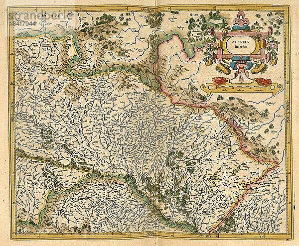 Atlas  Landkarte aus dem Jahre 1623  Elsaß  Frankreich  digital restaurierte Reproduktion von einem Kupferstich von Gerhard Mercator  geboren als Gheert Cremer  5. März 1512  2. Dezember 1594  Geograph und Kartograf  Europa