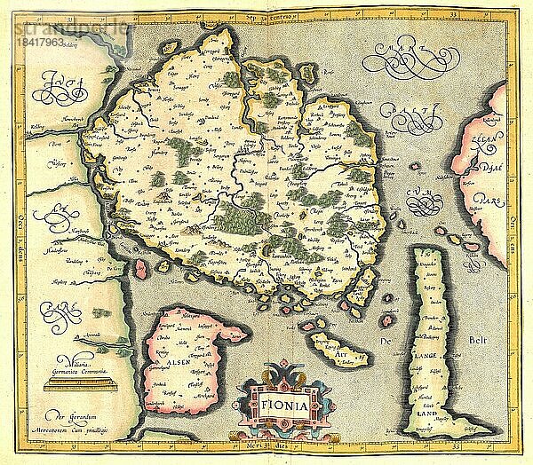 Atlas  Landkarte aus dem Jahre 1623  Fionia  Fünen  Dänemark  digital restaurierte Reproduktion von einem Kupferstich von Gerhard Mercator  geboren als Gheert Cremer  5. März 1512  2. Dezember 1594  Geograph und Kartograf  Europa