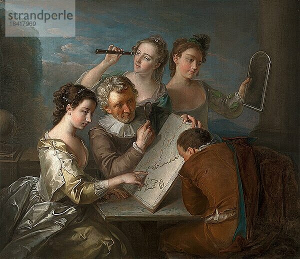 Der Gesichtssinn  Sehvermögen  sehen  Gruppe aus fünf Personen  The Sense of Sight  a painting of Philippe Mercier (1689-1760)  Historisch  digital restaurierte Reproduktion einer historischen Vorlage