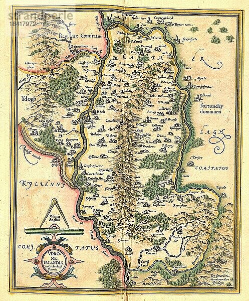 Atlas  Landkarte aus dem Jahre 1623  Irland  digital restaurierte Reproduktion von einem Kupferstich von Gerhard Mercator  geboren als Gheert Cremer  5. März 1512  2. Dezember 1594  Geograph und Kartograf  Europa