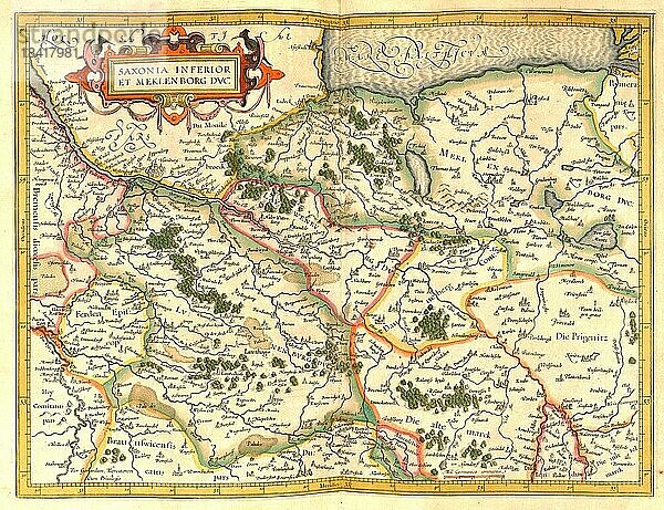 Atlas  Landkarte aus dem Jahre 1623  Sachsen und Mecklenburg  Deutschland  digital restaurierte Reproduktion von einem Kupferstich von Gerhard Mercator  geboren als Gheert Cremer  5. März 1512  2. Dezember 1594  Geograph und Kartograf  Europa