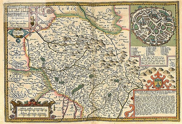Atlas  Landkarte aus dem Jahre 1623  Lemovici  Frankreich mit Stadt Limoges  digital restaurierte Reproduktion von einem Kupferstich von Gerhard Mercator  geboren als Gheert Cremer  5. März 1512  2. Dezember 1594  Geograph und Kartograf