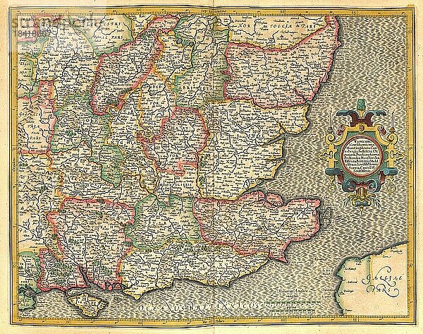 Atlas  Landkarte aus dem Jahre 1623  der Südosten von England  digital restaurierte Reproduktion von einem Kupferstich von Gerhard Mercator  geboren als Gheert Cremer  5. März 1512  2. Dezember 1594  Geograph und Kartograf