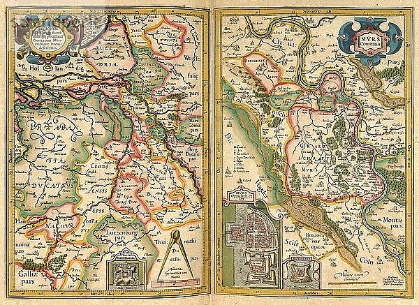 Atlas  Landkarte aus dem Jahre 1623  Rheinland  Deutschland und Brabant  Belgien  digital restaurierte Reproduktion von einem Kupferstich von Gerhard Mercator  geboren als Gheert Cremer  5. März 1512  2. Dezember 1594  Geograph und Kartograf  Europa