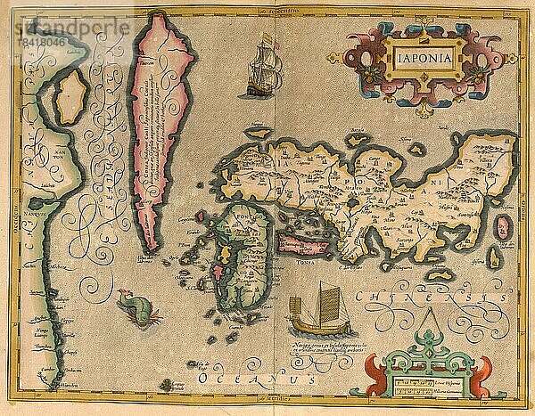 Atlas  Landkarte aus dem Jahre 1623  Japan  digital restaurierte Reproduktion von einem Kupferstich von Gerhard Mercator  geboren als Gheert Cremer  5. März 1512  2. Dezember 1594  Geograph und Kartograf  Asien