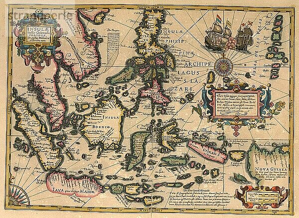 Atlas  Landkarte aus dem Jahre 1623  Asien  Inseln  Java  Borneo  Papua  Philippinen  digital restaurierte Reproduktion von einem Kupferstich von Gerhard Mercator  geboren als Gheert Cremer  5. März 1512  2. Dezember 1594  Geograph und Kartograf  Asien