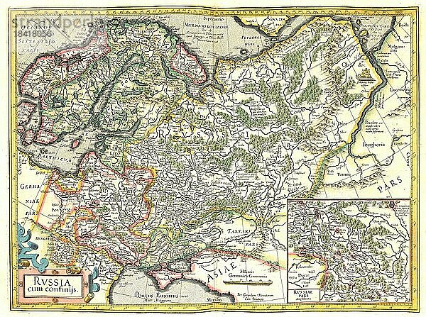 Atlas  Landkarte aus dem Jahre 1623  Russland  digital restaurierte Reproduktion von einem Kupferstich von Gerhard Mercator  geboren als Gheert Cremer  5. März 1512  2. Dezember 1594  Geograph und Kartograf  Europa