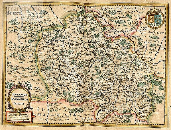 Atlas  Landkarte aus dem Jahre 1623  Bourbonois  Borbonium  Frankreich  digital restaurierte Reproduktion von einem Kupferstich von Gerhard Mercator  geboren als Gheert Cremer  5. März 1512  2. Dezember 1594  Geograph und Kartograf  Europa