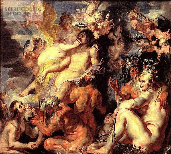 Die Apotheose  die Vergöttlichung  die Erhebung eines Menschen zu einem Gott oder Halbgott des Äneas  Aeneas ist eine Person sowohl der griechischen als auch der römischen Mythologie  Gemälde von Jacob Jordaens  Historisch  digital restaurierte Reproduktion von einem historischen Kunstwerk