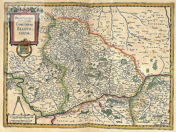 Atlas  Landkarte aus dem Jahre 1623  Beauvaisis  Belovacium  Frankreich  digital restaurierte Reproduktion von einem Kupferstich von Gerhard Mercator  geboren als Gheert Cremer  5. März 1512  2. Dezember 1594  Geograph und Kartograf  Europa