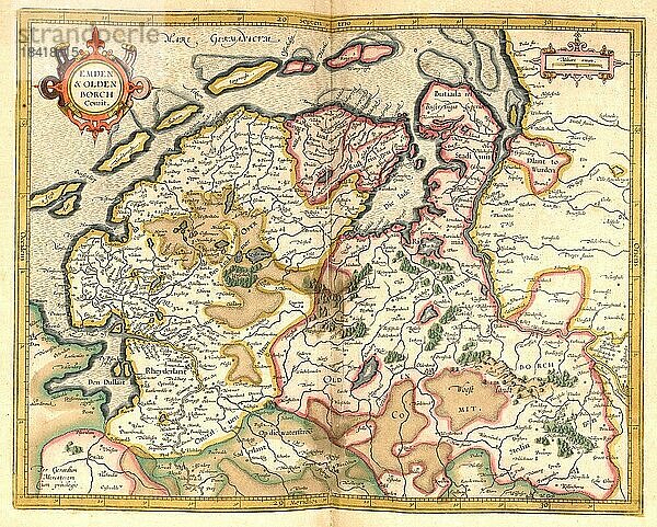 Atlas  Landkarte aus dem Jahre 1623  Emden und Oldenburg  Deutschland  digital restaurierte Reproduktion von einem Kupferstich von Gerhard Mercator  geboren als Gheert Cremer  5. März 1512  2. Dezember 1594  Geograph und Kartograf  Europa