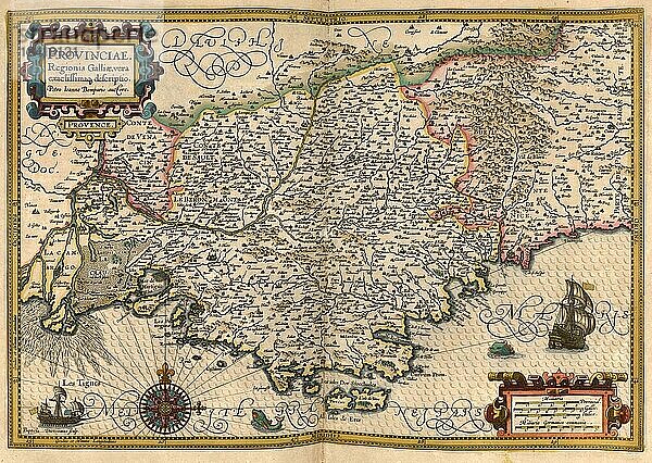 Atlas  Landkarte aus dem Jahre 1623  provinciae  Provence  Frankreich  digital restaurierte Reproduktion von einem Kupferstich von Gerhard Mercator  geboren als Gheert Cremer  5. März 1512  2. Dezember 1594  Geograph und Kartograf  Europa