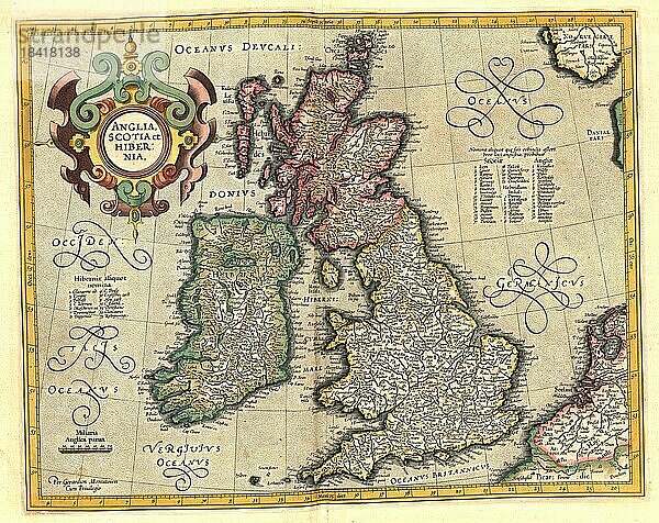 Atlas  Landkarte aus dem Jahre 1623  England  Großbritannien  Schottland und Irland  digital restaurierte Reproduktion von einem Kupferstich von Gerhard Mercator  geboren als Gheert Cremer  5. März 1512  2. Dezember 1594  Geograph und Kartograf  Europa