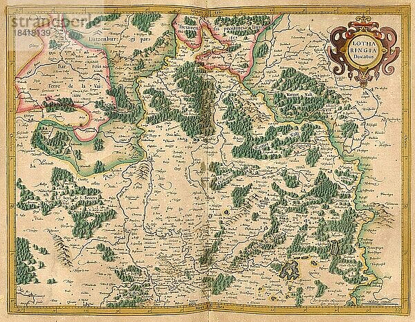 Atlas  Landkarte aus dem Jahre 1623  Lotharingia  Lothringen  Frankreich  digital restaurierte Reproduktion von einem Kupferstich von Gerhard Mercator  geboren als Gheert Cremer  5. März 1512  2. Dezember 1594  Geograph und Kartograf  Europa