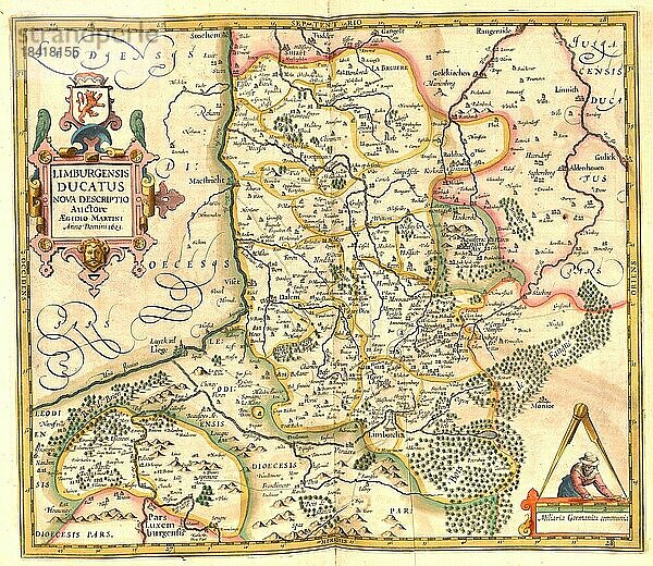 Atlas  Landkarte aus dem Jahre 1623  Limburgensis  Limburg  Belgien  digital restaurierte Reproduktion von einem Kupferstich von Gerhard Mercator  geboren als Gheert Cremer  5. März 1512  2. Dezember 1594  Geograph und Kartograf  Europa