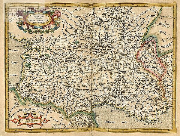 Atlas  Landkarte aus dem Jahre 1623  Aquitanien  Frankreich  digital restaurierte Reproduktion von einem Kupferstich von Gerhard Mercator  geboren als Gheert Cremer  5. März 1512  2. Dezember 1594  Geograph und Kartograf  Europa