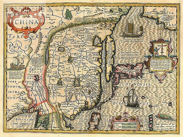 Atlas  Landkarte aus dem Jahre 1623  China  digital restaurierte Reproduktion von einem Kupferstich von Gerhard Mercator  geboren als Gheert Cremer  5. März 1512  2. Dezember 1594  Geograph und Kartograf  Asien