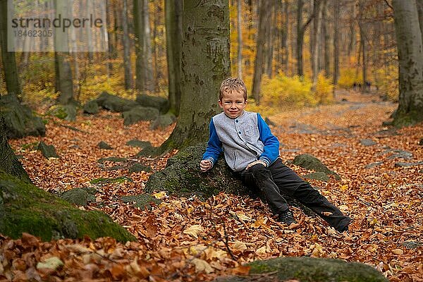 Das kleine Kind geht den Bergpfad hinauf. Herbstzeit  Polen  Europa