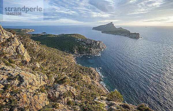 Felsenküste mit einer Insel  Sonnenuntergang über dem Meer  Mirador Jose Sastre  Insel Sa Dragenora  Mallorca  Spanien  Europa