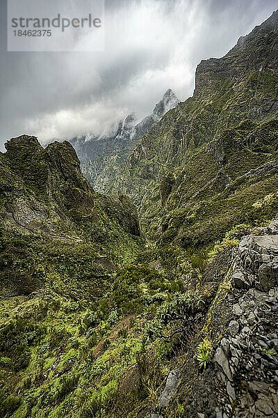 Steile wolkenverhangene Berglandschaft mit Felsformationen  Pico Arieiro zum Pico Ruivo Wanderung  Zentralgebirge Madeiras  Madeira