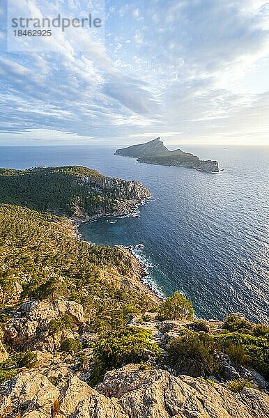 Felsenküste mit einer Insel  Sonnenuntergang über dem Meer  Mirador Jose Sastre  Insel Sa Dragenora  Mallorca  Spanien  Europa