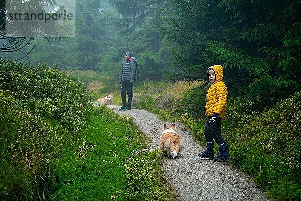 Eine Mutter und ihr kleiner Sohn gehen bei nassem Herbstwetter auf einen Bergpfad. Sie werden von einem Hund begleitet. Polnische Berge  Polen  Europa