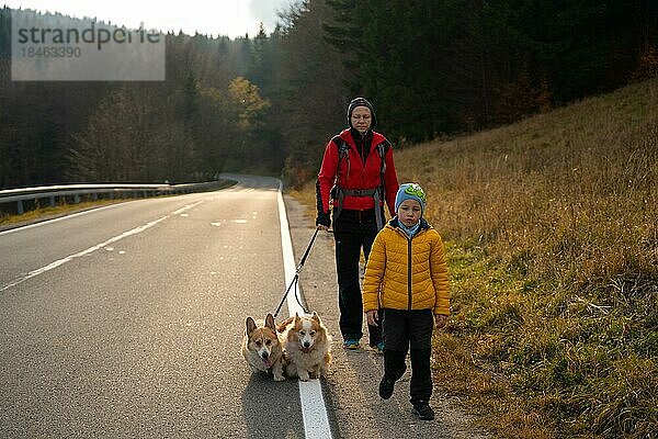 Mutter mit Kind und Hunden kehren vom Bergpfad zurück  sie gehen die Asphaltstraße entlang. Familie verbringt Zeit. Polnische Berge  Polen  Europa