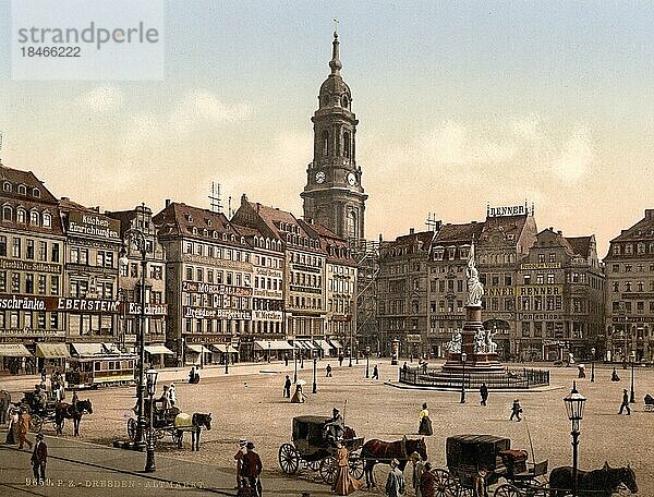 Marktplatz in der Altstadt von Dresden  Sachsen  Deutschland  Historisch  digital restaurierte Reproduktion einer Photochromdruck aus den 1890er-Jahren  Europa
