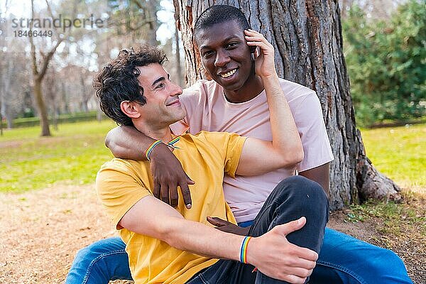 Paar multiethnische Männer in einem Park  lgbt Konzept  sitzen bei einem Baum