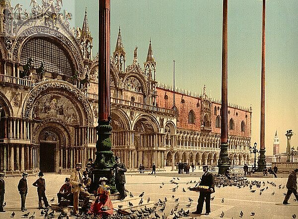 Tauben auf dem Markusplatz  1890  Venedig  Italien  Historisch  digital restaurierte Reproduktion von einer Vorlage aus dem 18. oder 19. Jahrhundert  Europa