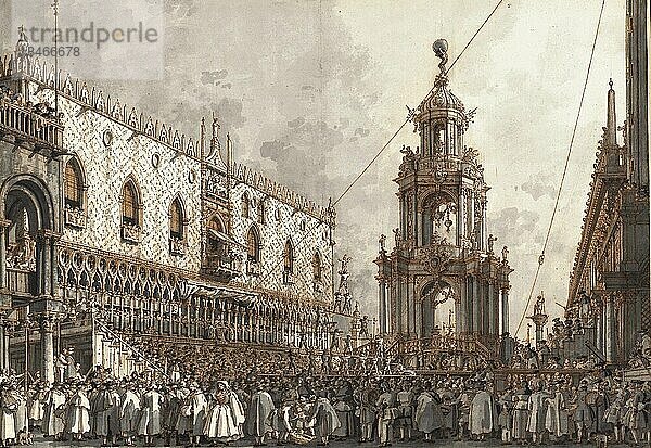 Das Giovedì Grasso Festival vor dem Dogenpalast in Venedig  um 1750  Italien  nach einem Gemälde von Canaletto  Historisch  digital restaurierte Reproduktion von einer Vorlage aus dem 18. oder 19. Jahrhundert  Europa