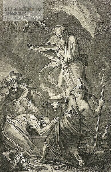 Saul mit der Hexe von Endor  die Totenbeschwörerin oder Hexe von Endor ist eine Figur im 1. Buch Samuel der Bibel  Historisch  digital restaurierte Reproduktion von einer Vorlage aus dem 18. oder 19. Jahrhundert