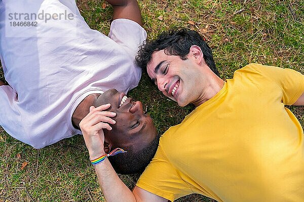 Paar multiethnische Männer in einem Park  lgbt Konzept  auf dem Gras liegend