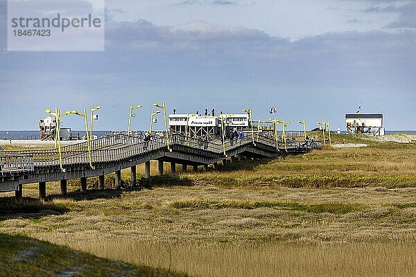 Seebrücke zu den typischen Pfahlbauten von Sankt Peter-Ording  Sankt Peter-Ording  Schleswig-Holstein  Deutschland  Europa