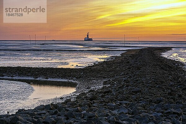 Blick vom Trischendamm auf Deutschlands einzige Bohrinsel Mittelplate? nach Sonnenuntergang bei Niedrigwasser  Friedrichskoog  Schleswig-Holstein  Deutschland  Europa