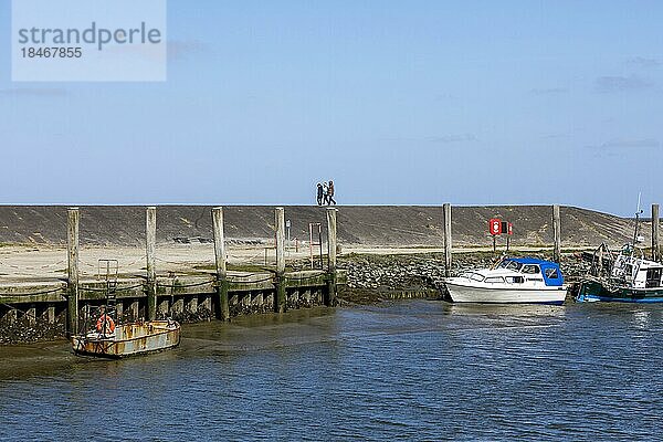 Everschopsiel Hafen in Nordfriesland bei ablaufendem Wasser  Urlauber auf dem Deich  Tetenbüll  Schleswig-Holstein  Deutschland  Europa