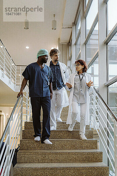 Niedriger Blickwinkel auf eine leitende Ärztin  die sich mit Kollegen unterhält  während sie eine Treppe im Krankenhaus hinuntergeht