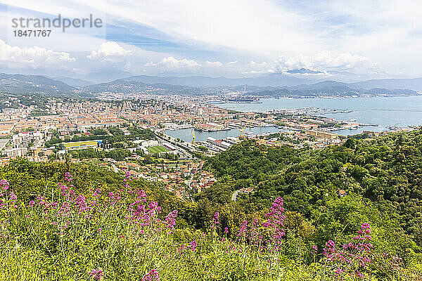 Italien  Ligurien  La Spezia  Blick vom Hügel mit Blick auf die Küstenstadt im Sommer