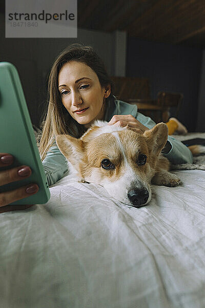 Reife Frau macht Selfie mit Hund  der zu Hause im Bett liegt