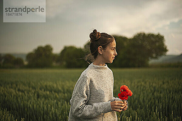 Nachdenkliches Mädchen mit Mohnblumen im Feld bei Sonnenuntergang