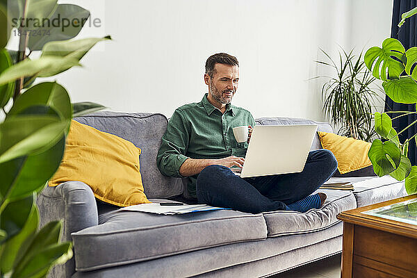 Entspannter Mann benutzt Laptop auf dem Sofa  während er von zu Hause aus arbeitet